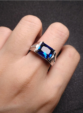 欧美时尚几何形商务男款皇家蓝宝石戒指仿真钻霸气男士镀白金指环