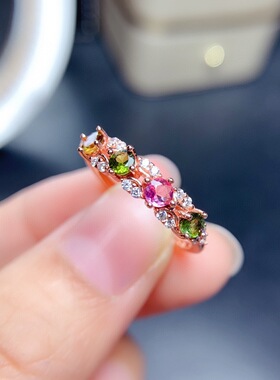 戒指少女学生简约甜美仿真彩色碧玺糖果色宝石镀18K玫瑰金色指环