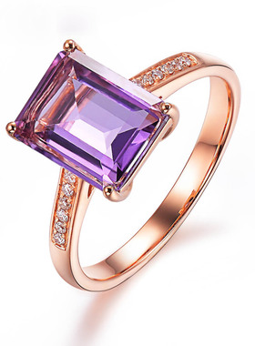 戒指女学生简约甜美仿天然紫色水晶彩色宝石镀玫瑰金戒指生日礼物