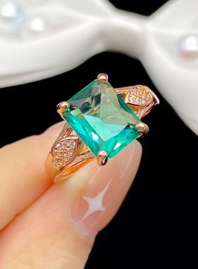 欧美高端珠宝女士长方形孔雀绿钻仿真绿碧玺硞石镶钻镀玫瑰金戒指