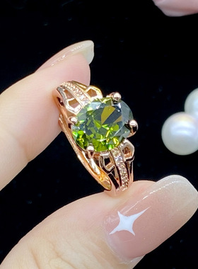 高端珠宝女士橄榄绿香槟色仿真摩根石祖母绿碧玺镀玫瑰金戒指女