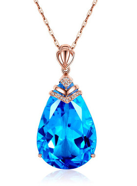 欧美时尚蓝色水晶梨形水滴硞石镶钻吊坠镀玫瑰金色锁骨链少女项链
