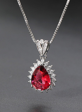 项链女简约甜美水滴形仿真红碧玺宝石硞石镶钻吊坠镀白金锁骨链