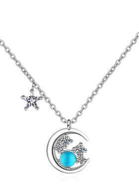 蓝色硞石星月小众设计高级感项链韩版少女学生甜美镀白金锁骨链