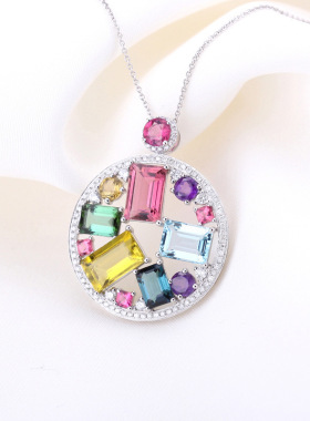 欧美时尚彩色宝石七彩色糖果几何圆形吊坠少女学生甜美镀白金项链