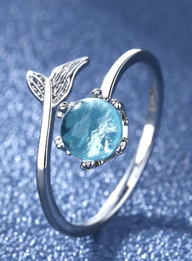 韩版时尚气质蓝色硞石美人鱼泡沫开口戒指少女甜美简约情人节礼物