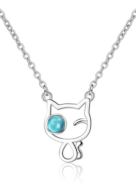 蓝色人造水晶猫咪项链韩版少女学生小清新百搭小众锁骨链生日礼物