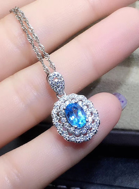 欧美高端珠宝女士气质浅海蓝锆石镶钻仿真托帕石吊坠镀白金项链