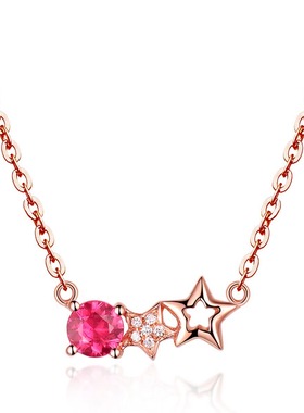 项链女学生甜美五角星星仿天然玫红色红宝石吊坠镀18K玫瑰金项链