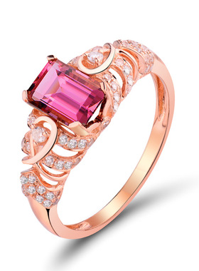 戒指女甜美气质锆石镶钻玫红色宝石白铜镀玫瑰金镂空戒指生日礼物
