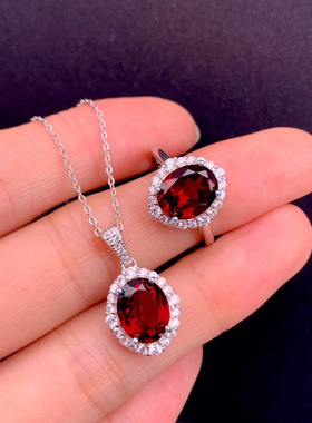 欧美高端珠宝简约甜美仿真石榴红宝石镀18K白金色戒指吊坠项链女
