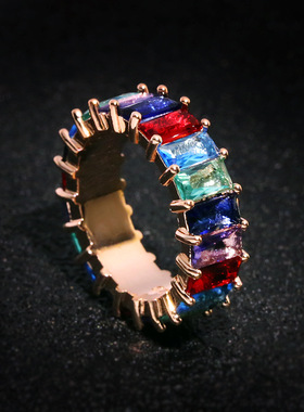 欧美高端珠宝女士几何经典彩色硞石镶钻镀金戒指少女学生简约钻戒