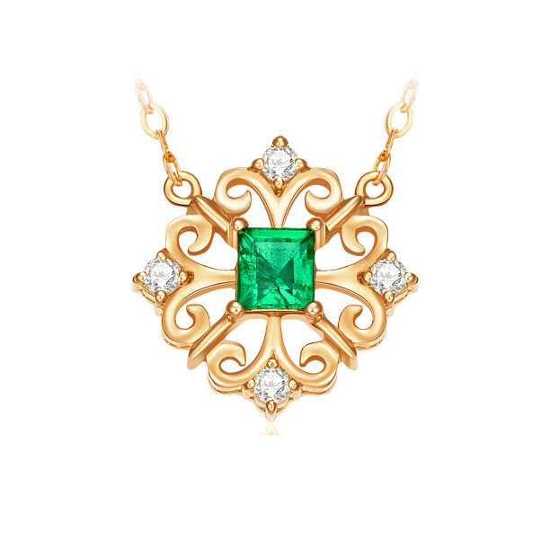 欧美高端珠宝女士气质镂空仿真祖母绿碧玺吊坠镀黄金色项链锁骨链