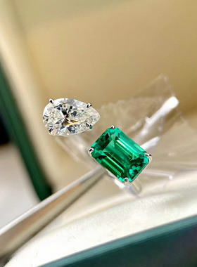 少女学生简约清新仿真祖母绿碧玺公主方形爱心硞石开口镀白金戒指