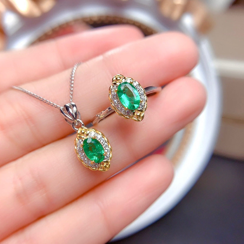 欧美高端珠宝女士小清新气质仿真祖母绿碧玺分色镀金戒指吊坠项链