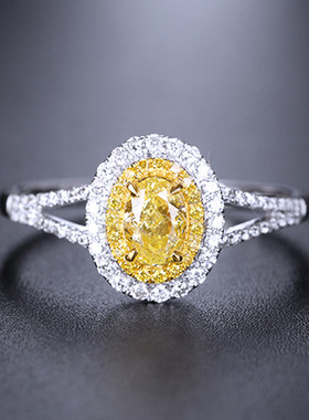 欧美高端珠宝少女简约甜美椭圆形锆石镶钻黄钻分色镀金戒指可调节