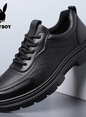 PLAYBOY花花公子男鞋黑色真皮高帮鞋商务休闲系带防滑皮鞋爸爸鞋