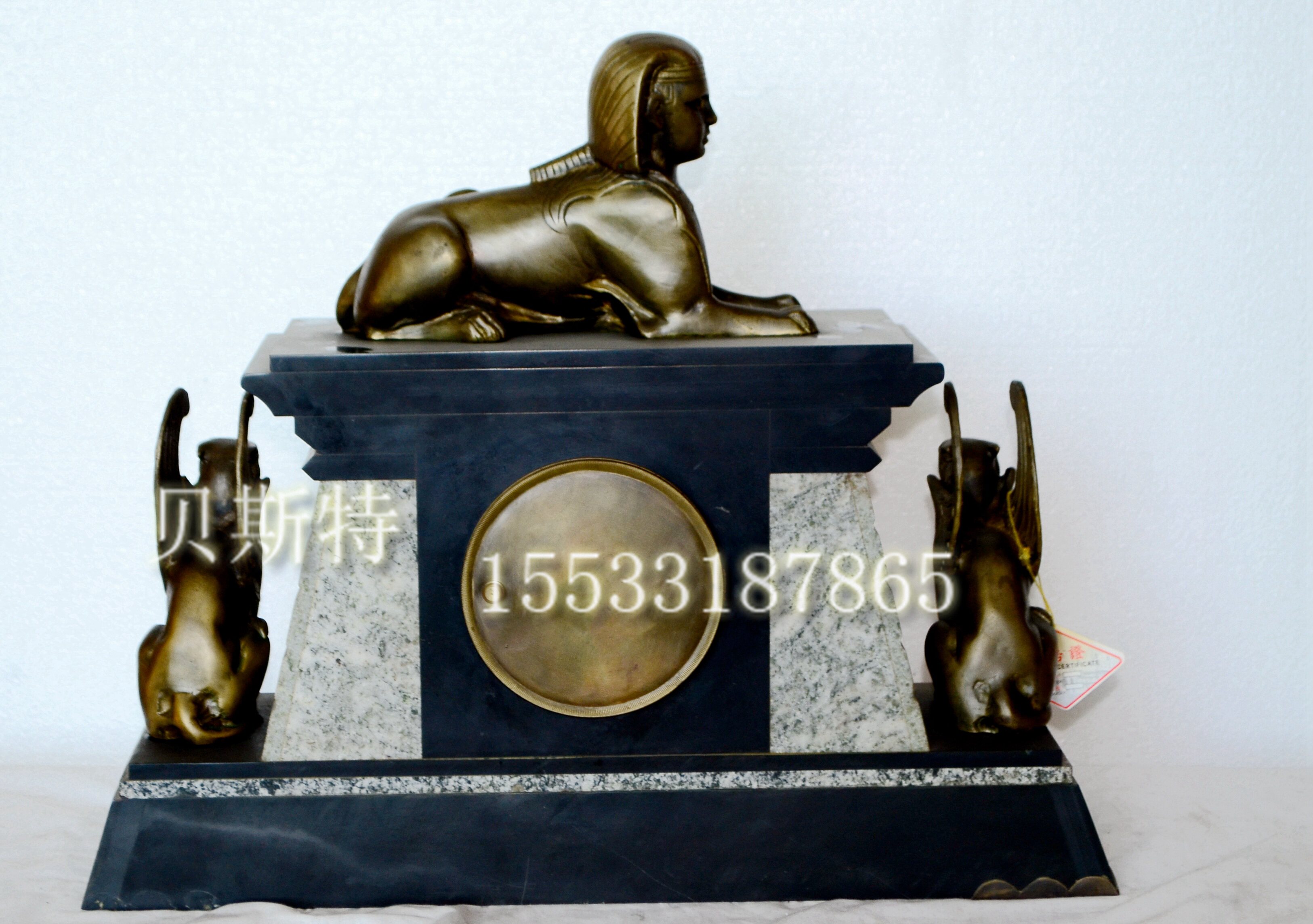 理石铸铜狮身人面双兽钟|机械座钟家居装饰|仿复古作旧座钟|台钟