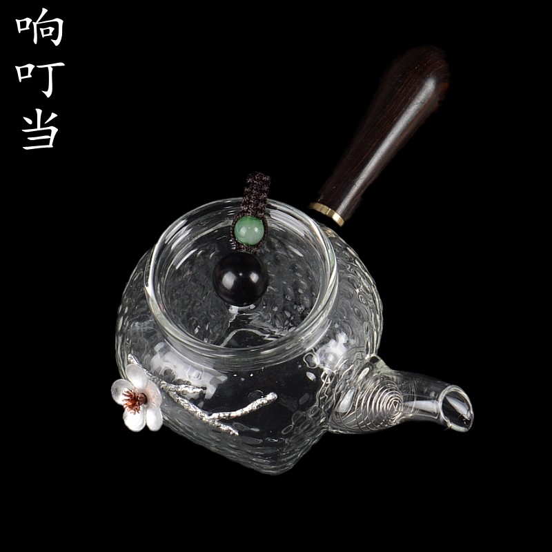锤纹玻璃功夫小泡茶壶侧柄黑檀木把冲茶器贴锡耐热日式茶具水壶
