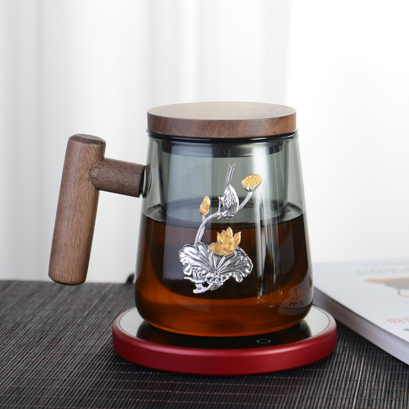 木把玻璃杯加厚带盖茶水分离泡茶杯办公室镶锡水杯家用耐热带手把