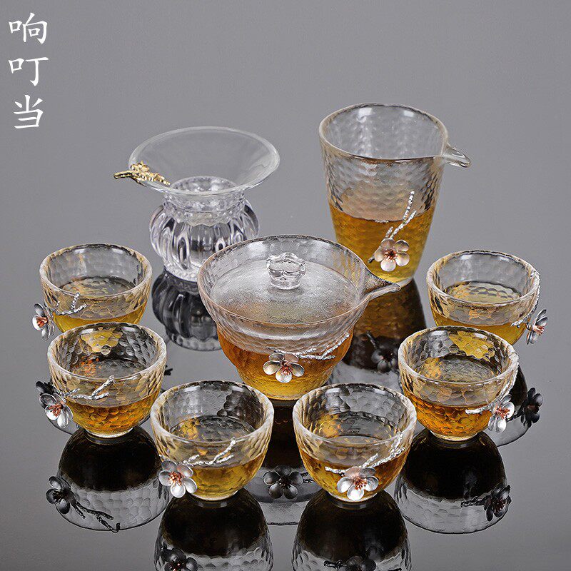 日式锤纹玻璃耐热茶壶盖碗功夫茶具套装个性镶锡梅花泡茶碗家用