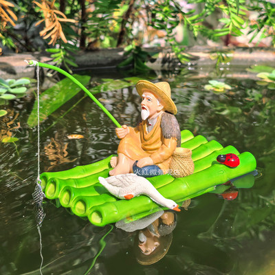 可漂浮竹筏竹排姜太公钓鱼翁摆件