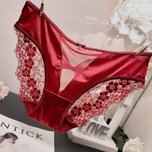法式轻奢无痕蕾丝内裤女印花镂空蝴蝶结缎面丝滑镂空女士三角裤