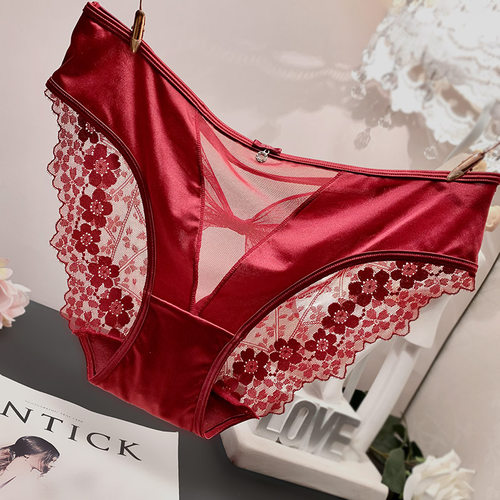 法式轻奢无痕蕾丝内裤女印花镂空蝴蝶结缎面丝滑镂空女士三角裤