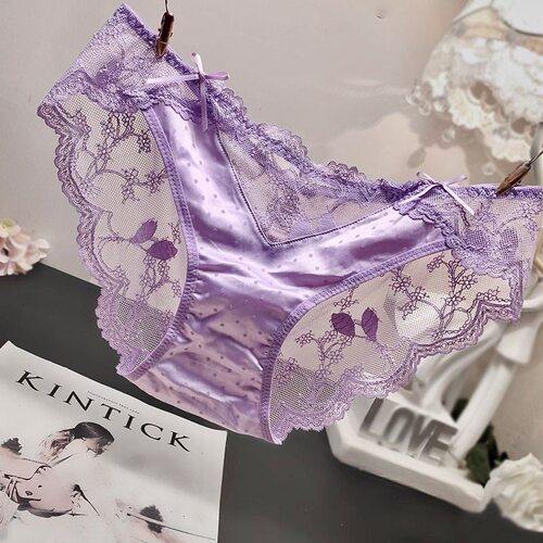 法式无痕蕾丝内裤女缎面丝滑时尚舒适包臀轻奢立体刺绣女士三角裤
