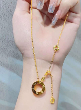 沙金饰品圆饼吊坠项链轻奢小众设计感饰品女高级感仿真不掉色