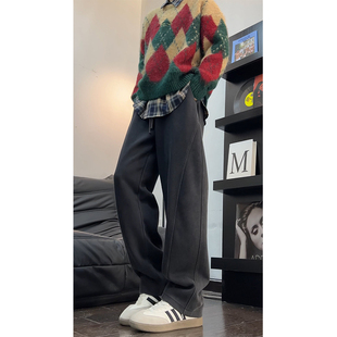 复古宽松直筒运动长裤 美式 秋冬加绒阔腿休闲裤 男士 子 高街弯刀卫裤