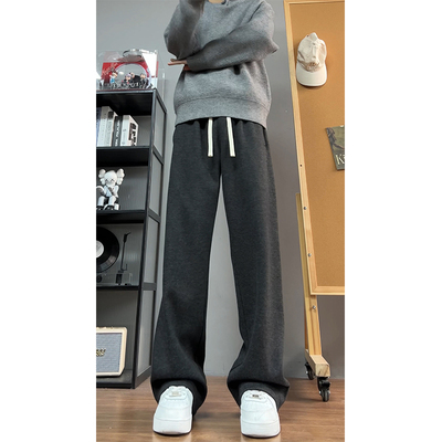 重磅毛呢阔腿裤男秋冬加绒加厚窄版直筒卫裤加厚保暖人字纹呢子裤