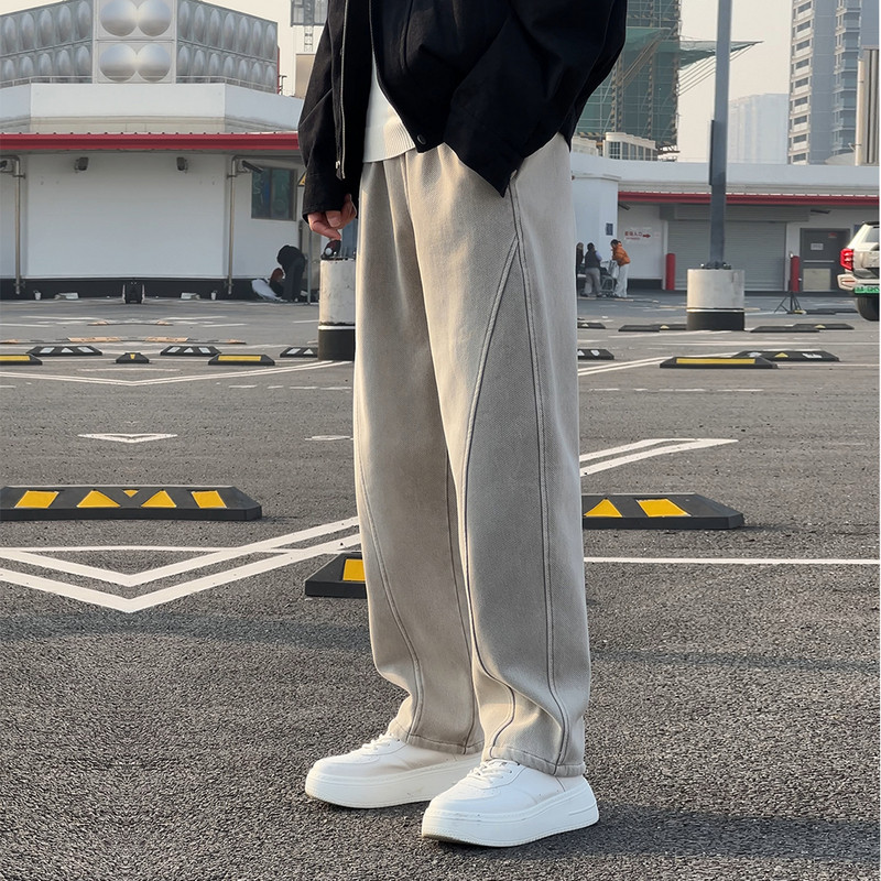 美式重工水洗牛仔裤男款潮牌宽松复古男裤拼接弯刀阔腿牛仔裤男款