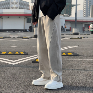 美式重工水洗牛仔裤男款潮牌宽松复古男裤拼接弯刀阔腿牛仔裤男款