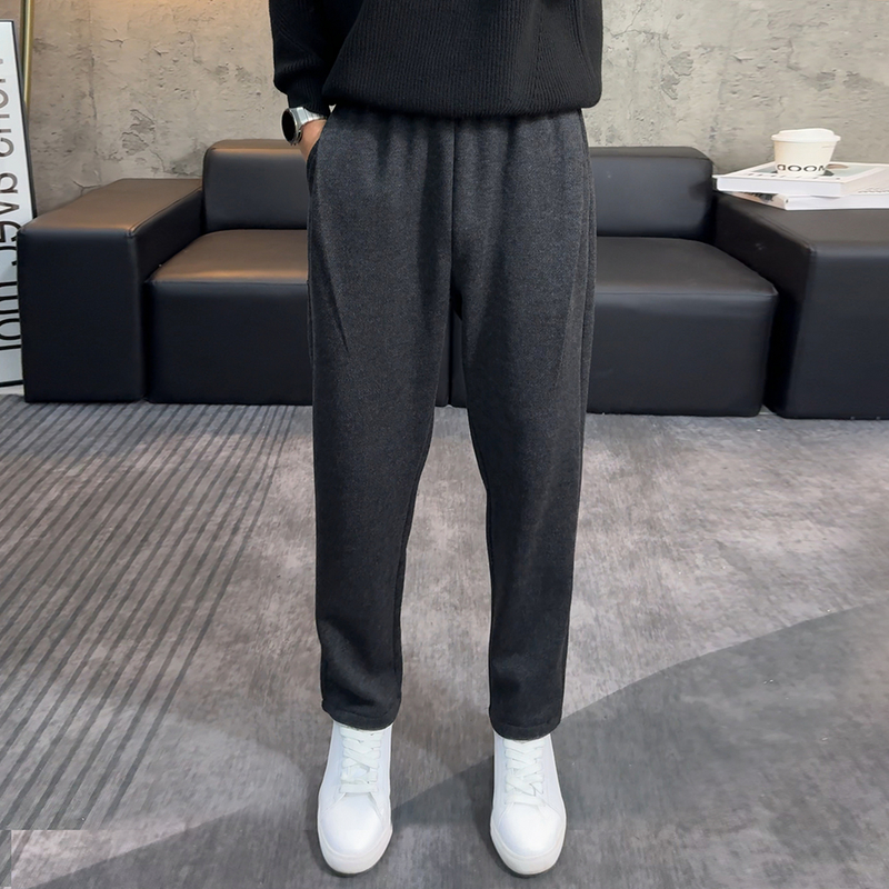 人字纹毛呢裤男士春秋款含绵羊毛小脚男裤垂感灰色纹理休闲裤子男