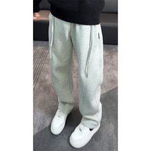 子直筒宽松休闲运动裤 男秋冬双飘带设计感加绒裤 灰色弯刀卫裤 美式