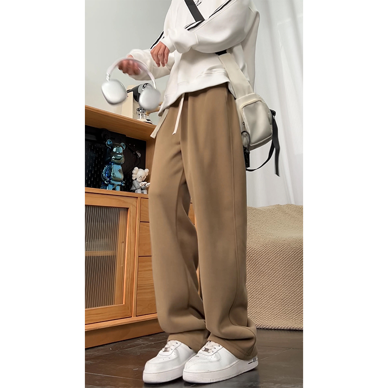 卡其色美式运动卫裤男士秋冬加绒宽松弯刀裤阔腿拖地直筒休闲长裤