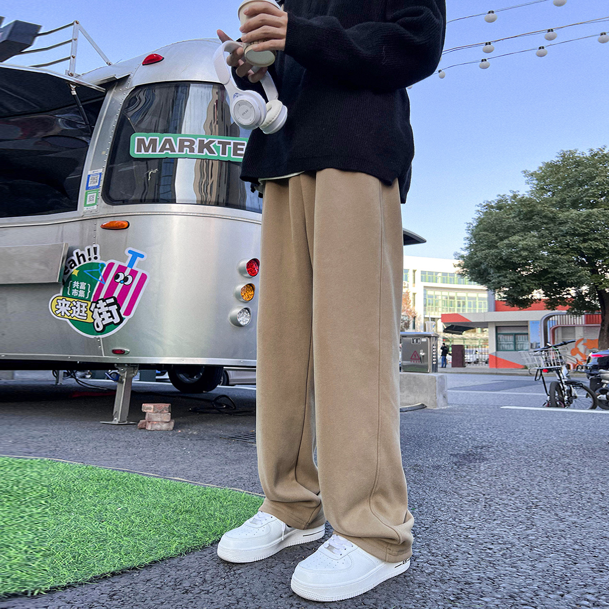 休闲裤男士秋季宽松拖地裤弯刀裤