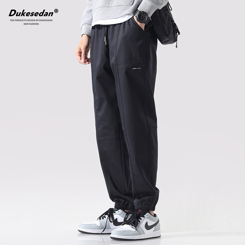 公爵车抽绳工装裤男秋冬季休闲宽松字母刺绣日系潮牌束脚裤子男士 - 封面