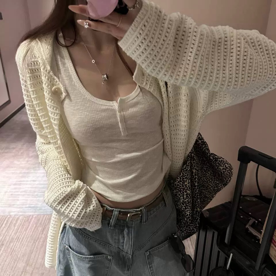 立领翻领针织镂空羊毛钩花开衫立体提花四袋针织背心套装