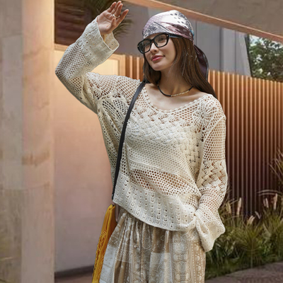2025夏季新款波西米亚慵懒感重工勾花镂空针织罩衫  温润亲肤上衣