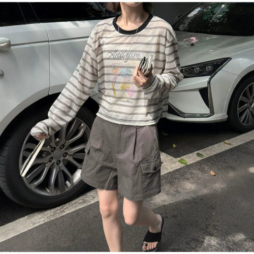韩系薄款条纹长袖t恤女夏水果印花防晒罩衫宽松上衣