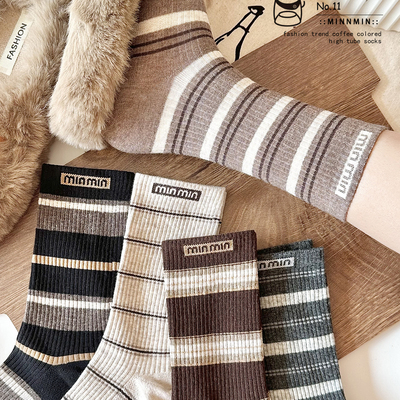miu系条纹高筒袜秋冬无骨堆堆袜