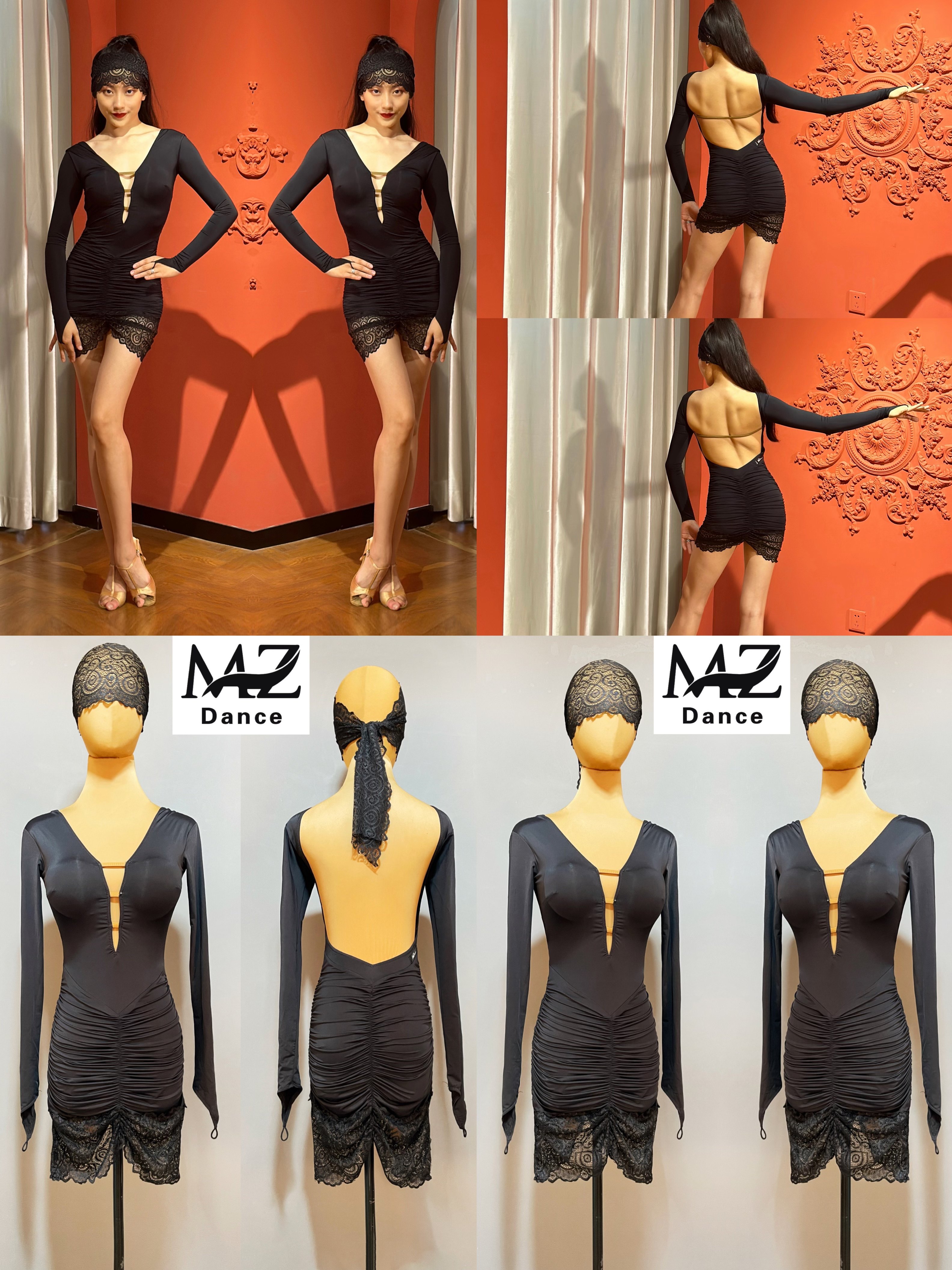 MZDance L-22成人女拉丁舞服练习服V领露背长袖拉丁舞连衣裙
