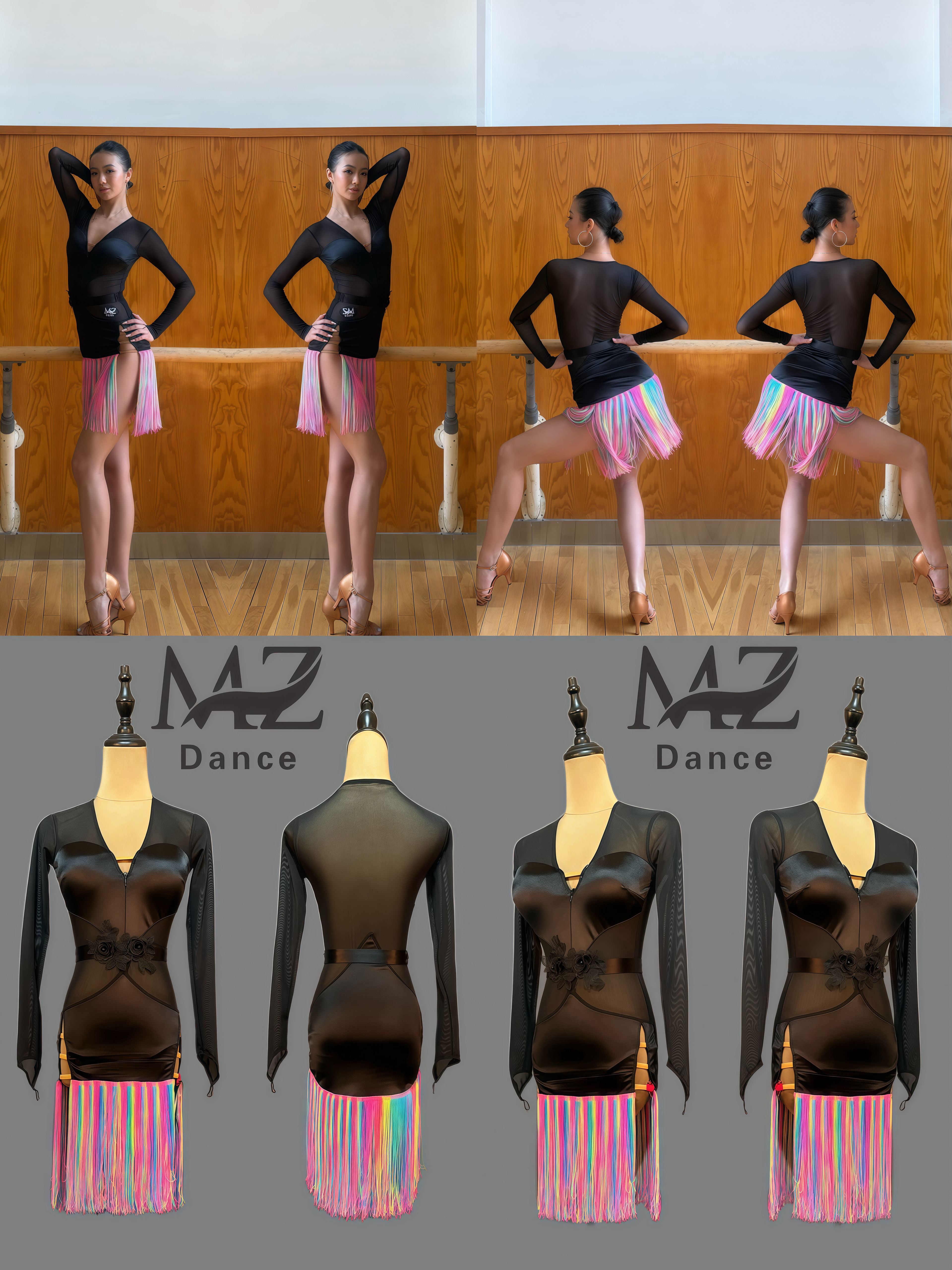 MZDance L-087女士拉丁舞服练习服表演服艺考服V领长袖流苏连衣裙
