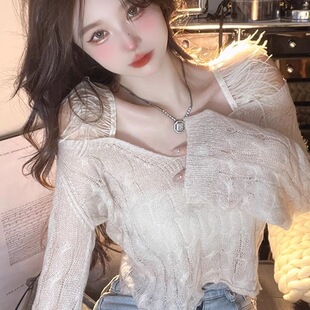 女主播服装上镜性感一字领露肩吊带上衣短款打底针织衫秋