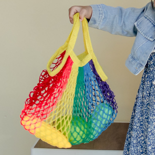 春夏儿童包包镂空彩虹网兜女童手提包手工编织棉绳拍摄道具购物袋