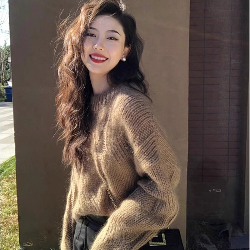 感粗线圆领麻花毛衣女秋冬软糯奶fufu慵懒针织衫内搭复古上衣