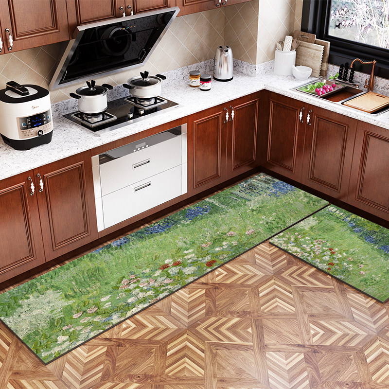 梵高油画风绿色田园风厨房地垫防水可裁剪长条家用耐磨地毯进门垫,居家布艺,厨房地垫,淘宝优惠券,粉丝福利购,淘宝优惠卷