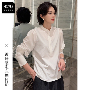 小众轻奢重工气质泡泡袖衬衫女设计感圆领半拉链宽松显瘦长袖上衣